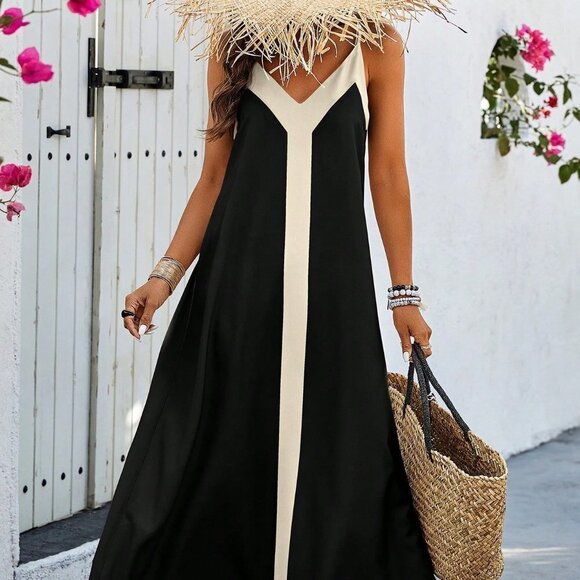 Black Casual Women's Colorblock Spaghetti Strap Dress - Picture 5 of 5